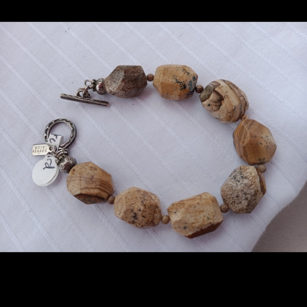 8" PEYOTE BIRD CHUNKY FACETED STONE BEADED & STERLING SILVER BRACELET